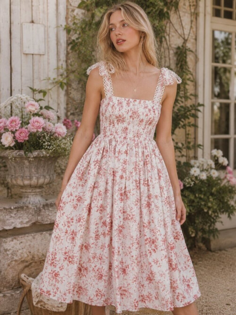 Maia Bergman Simone Dress Eyelet Dainty Floral Midi SunDress Smocked Bows M LG